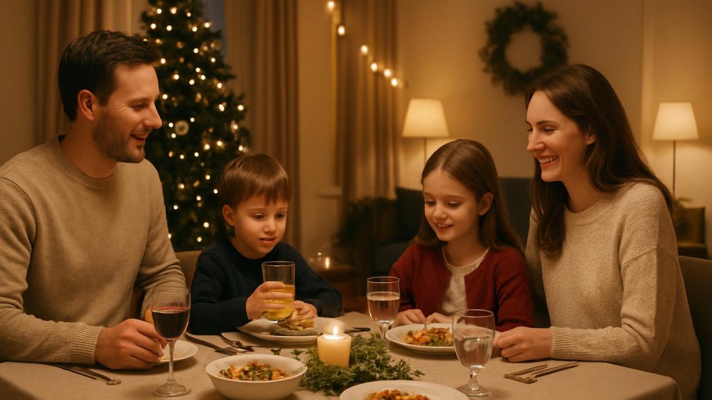 Famiglia con bambini in ambiente accogliente per Capodanno
